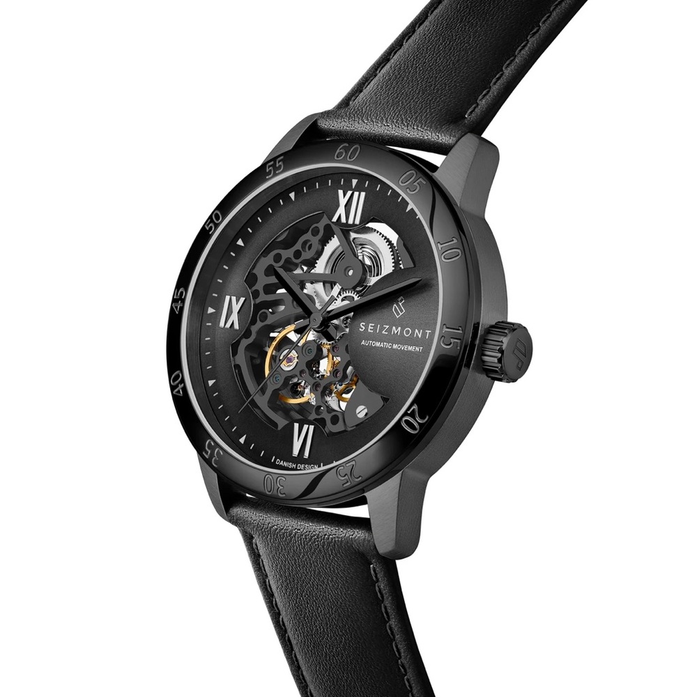 ✨NEW✨ Dante II | Black Stainless Steel Skeleton Watch w/ Leather Straps - Picture 3 of 8